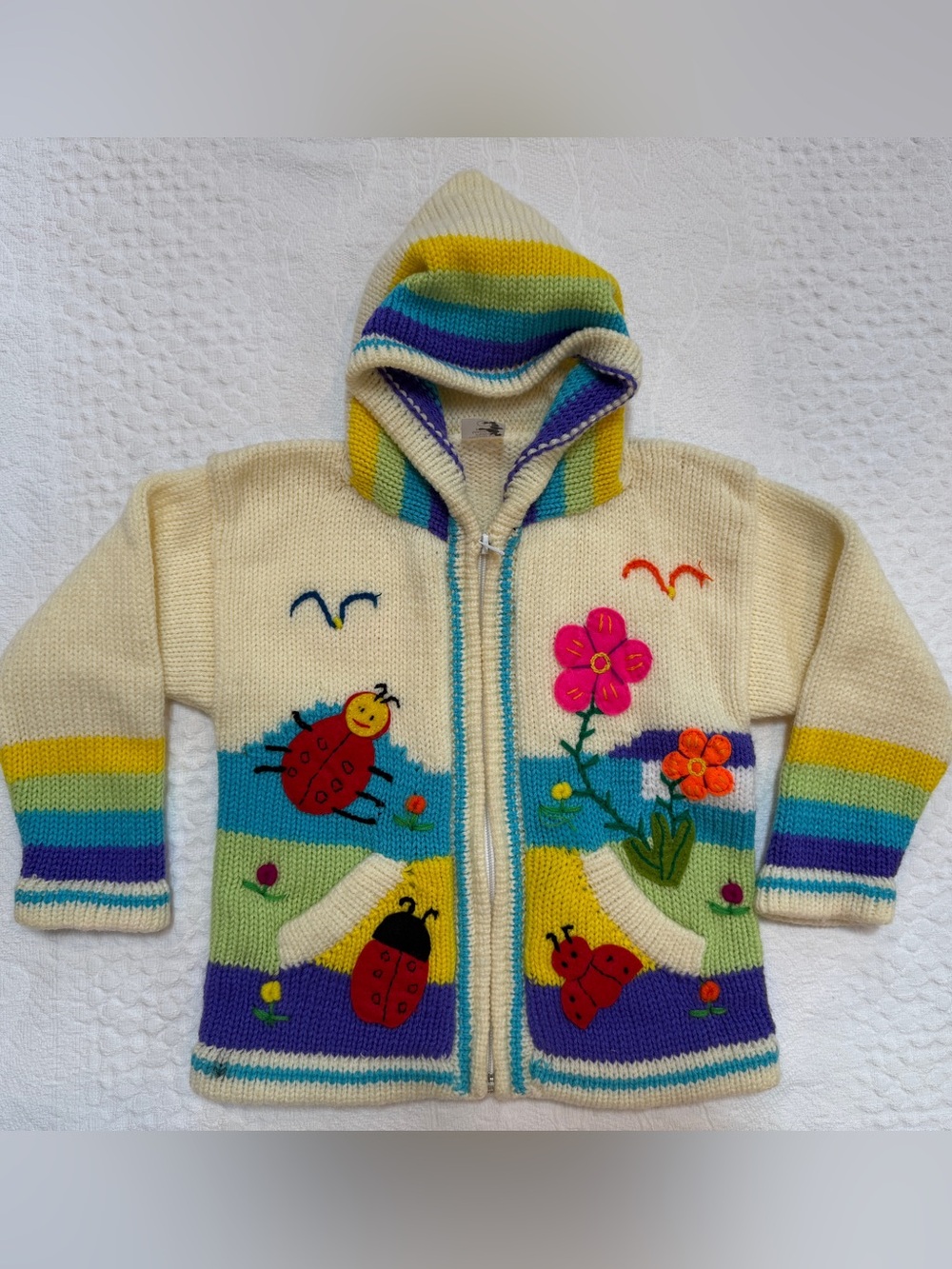 Handmade Peruvian Childrens Sweater Zip Hooded Cardigan Girls 4 Ladybug Flowers